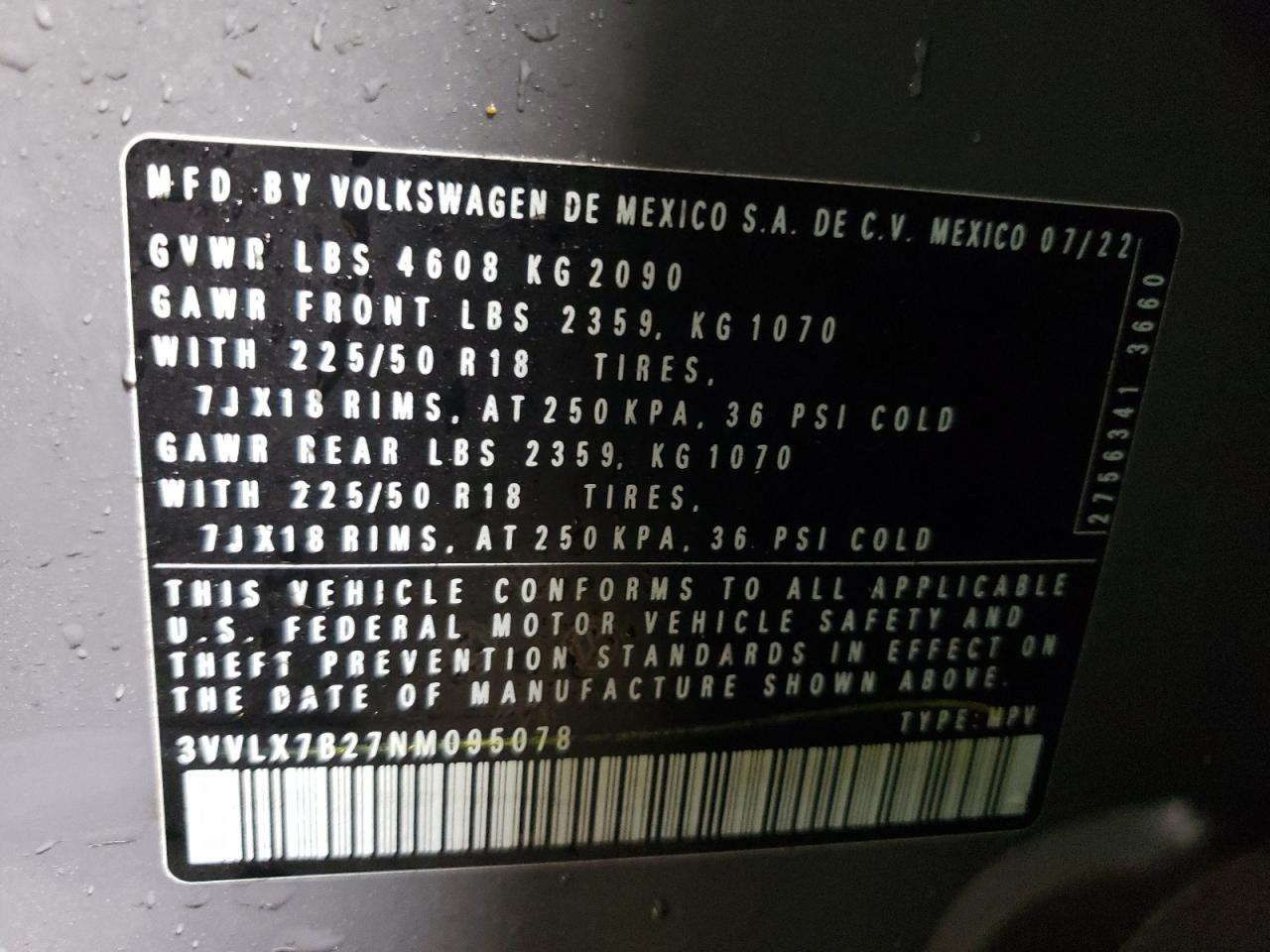 2022 VOLKSWAGEN TAOS SE IQ DRIVE VIN:3VVLX7B27NM095078