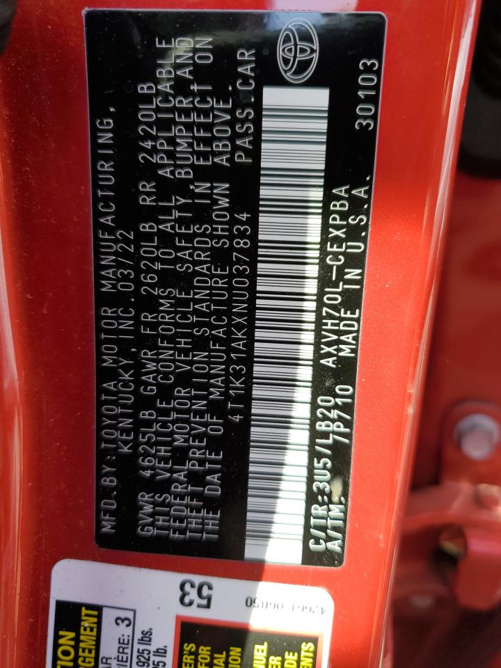 2022 TOYOTA CAMRY XSE VIN:4T1K31AKXNU037834