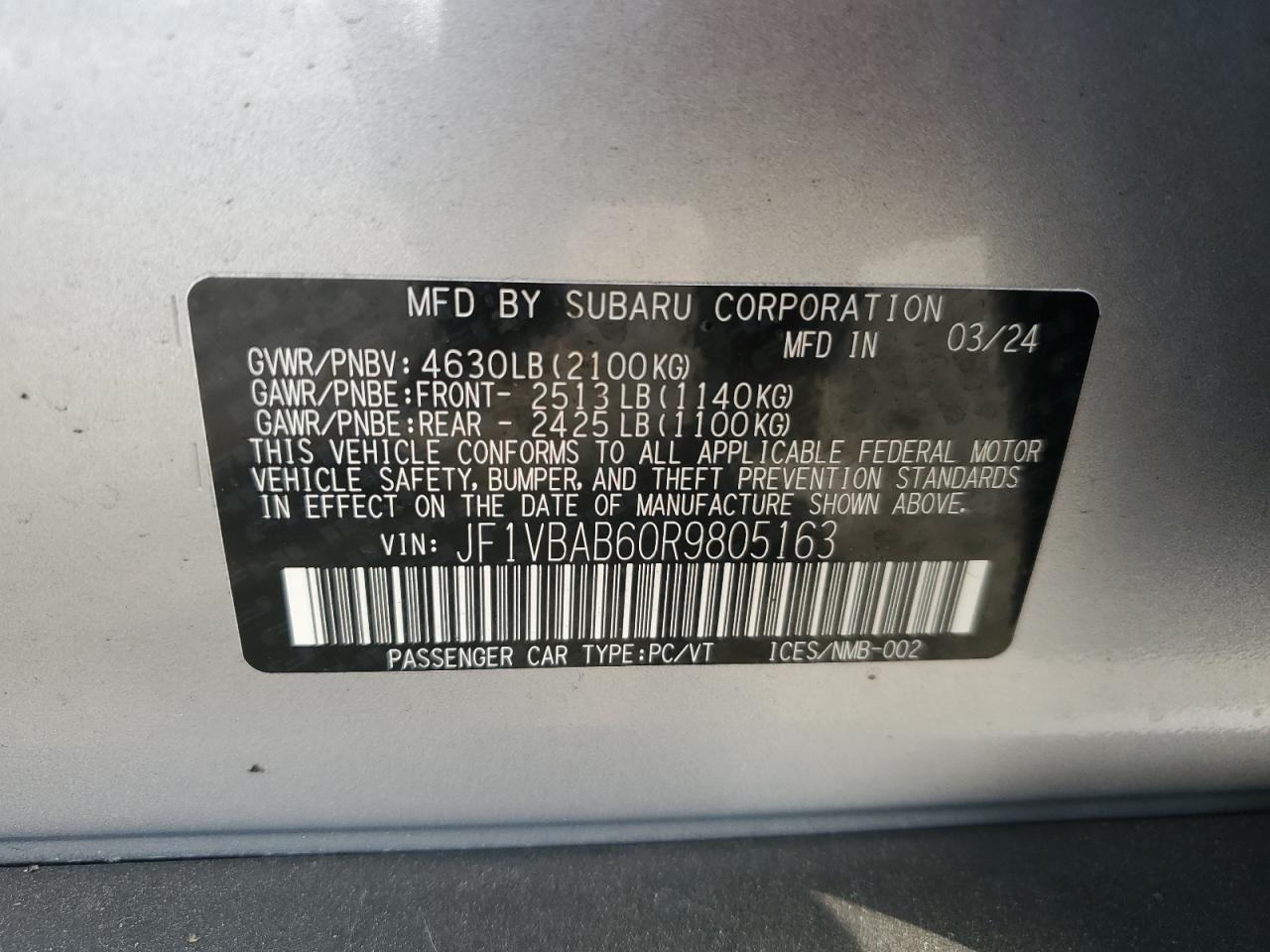 2024 SUBARU WRX  VIN:JF1VBAB60R9805163