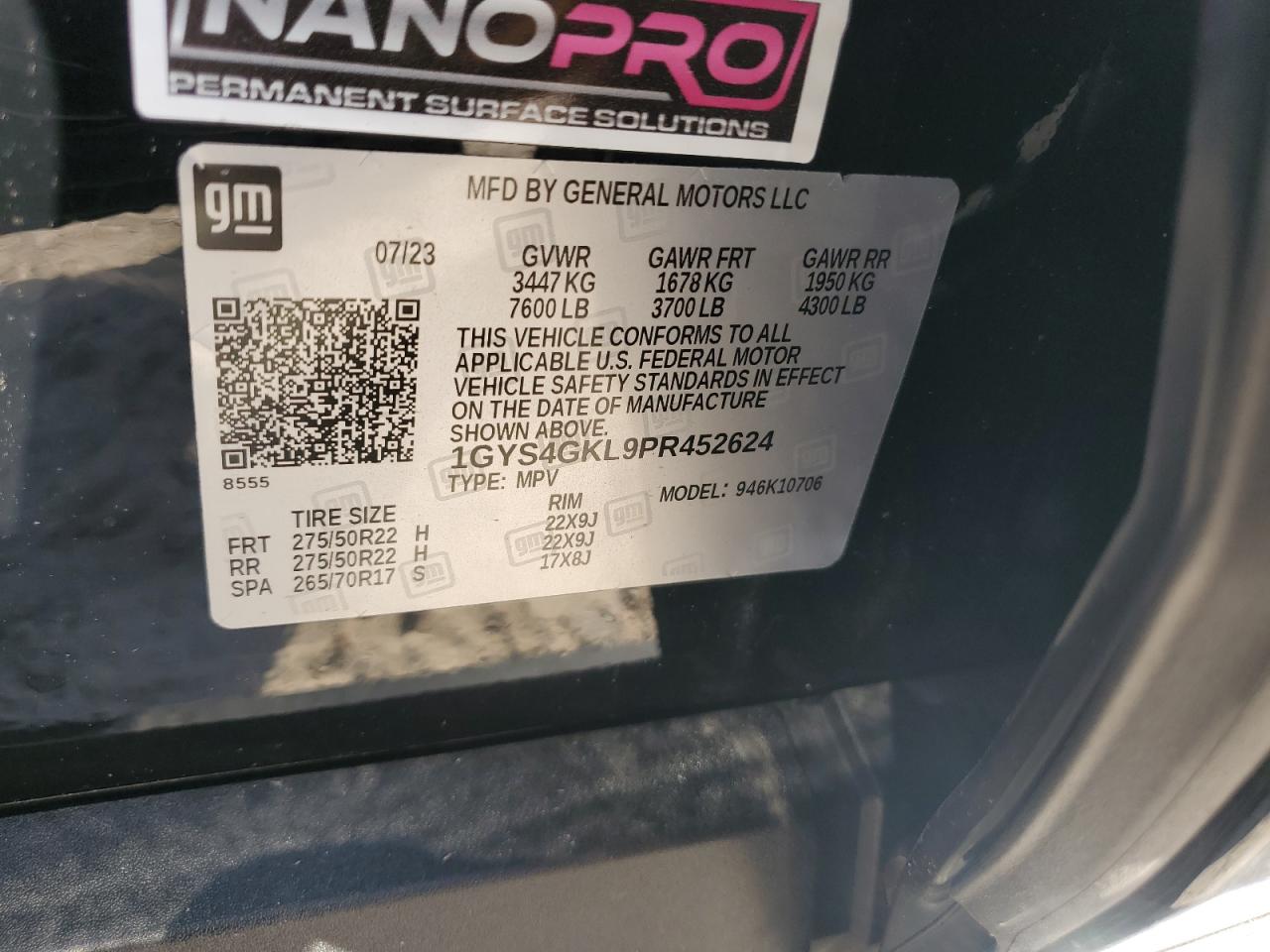 2023 CADILLAC ESCALADE SPORT PLATINUM VIN:1GYS4GKL9PR452624