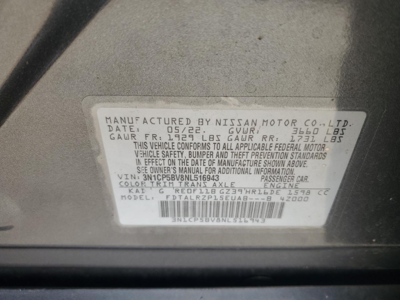 2022 NISSAN KICKS S VIN:3N1CP5BV8NL516943