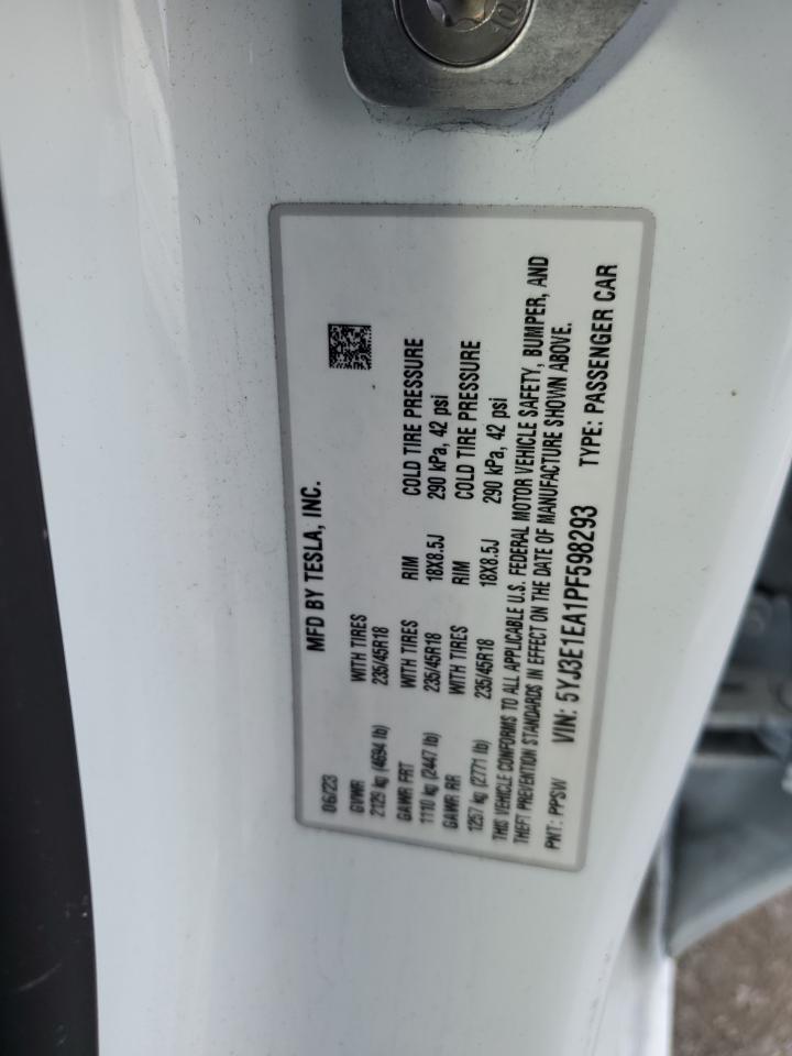 2023 TESLA MODEL 3  VIN:5YJ3E1EA1PF598293