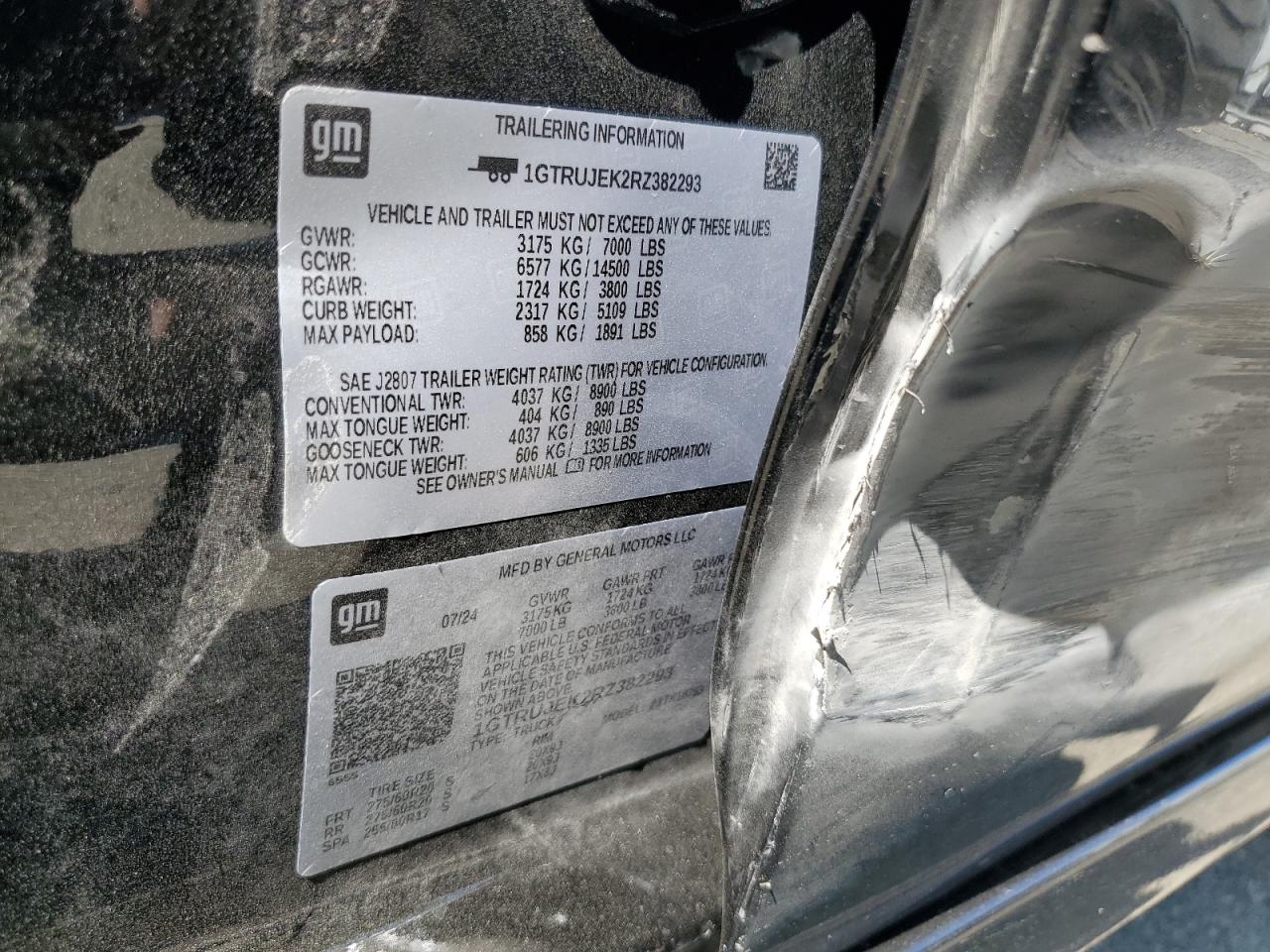 2024 GMC SIERRA K1500 ELEVATION-L VIN:1GTRUJEK2RZ382293