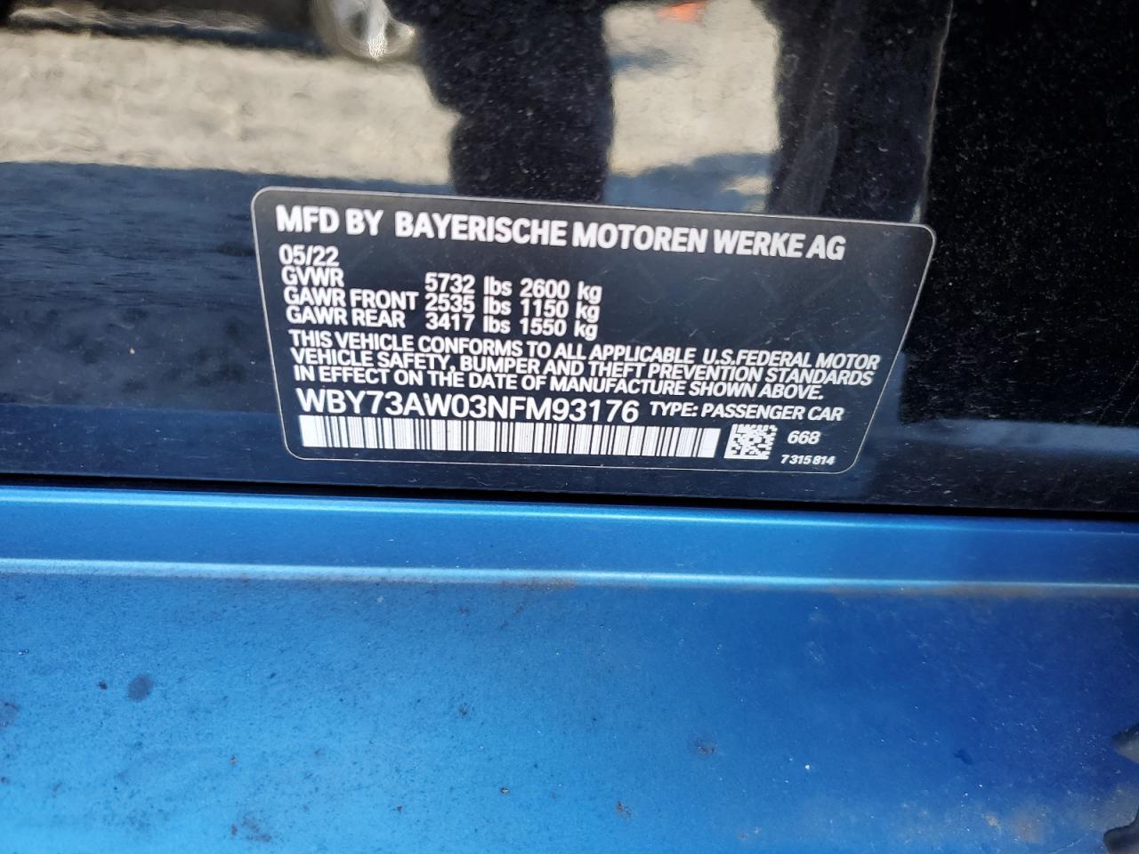 2022 BMW I4 EDRIVE 40 VIN:WBY73AW03NFM93176