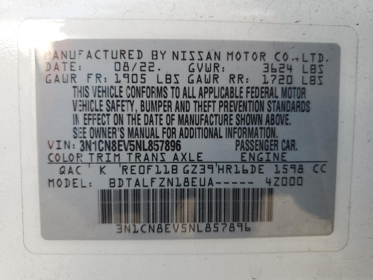 2022 NISSAN VERSA SV VIN:3N1CN8EV5NL857896