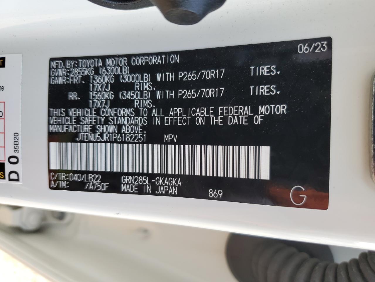 2023 TOYOTA 4RUNNER SE VIN:JTENU5JR1P6182251