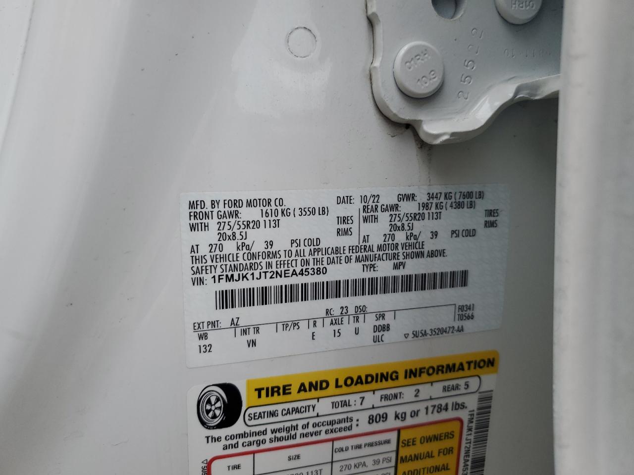 2022 FORD EXPEDITION MAX XLT VIN:1FMJK1JT2NEA45380