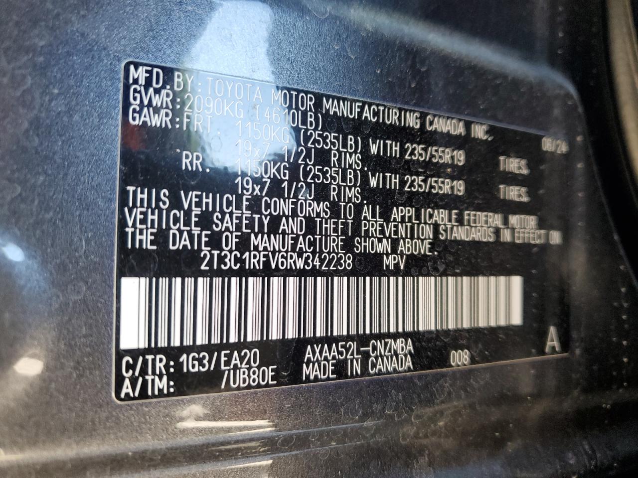 2024 TOYOTA RAV4 XLE PREMIUM VIN:2T3C1RFV6RW342238