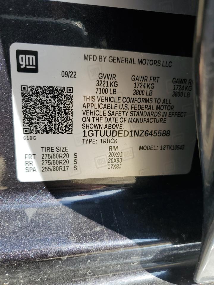 2022 GMC SIERRA K1500 SLT VIN:1GTUUDED1NZ645588