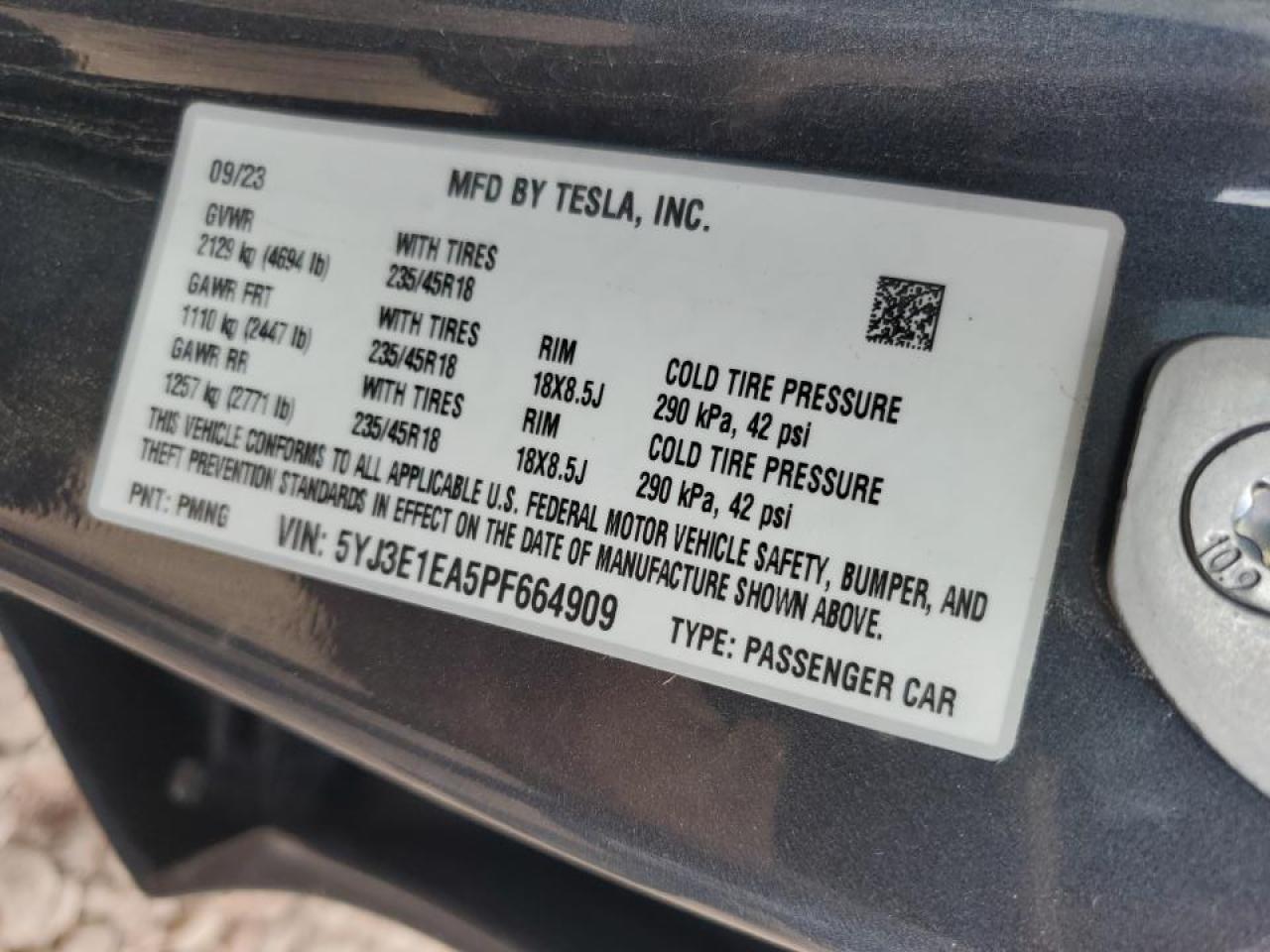 2023 TESLA MODEL 3 VIN:5YJ3E1EA5PF664909