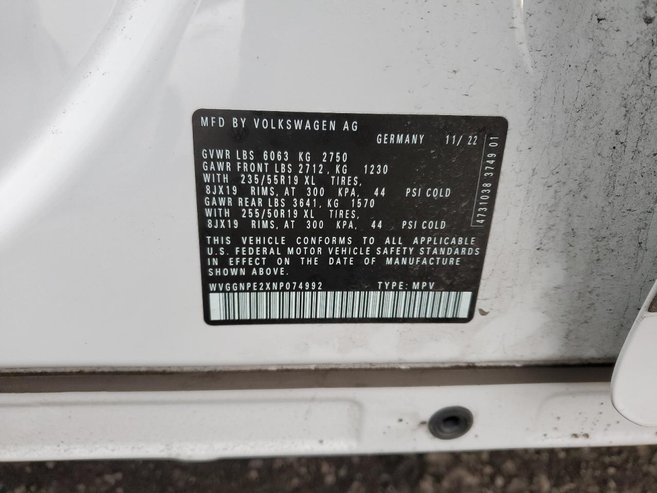 2022 VOLKSWAGEN ID.4 PRO S VIN:WVGGNPE2XNP074992