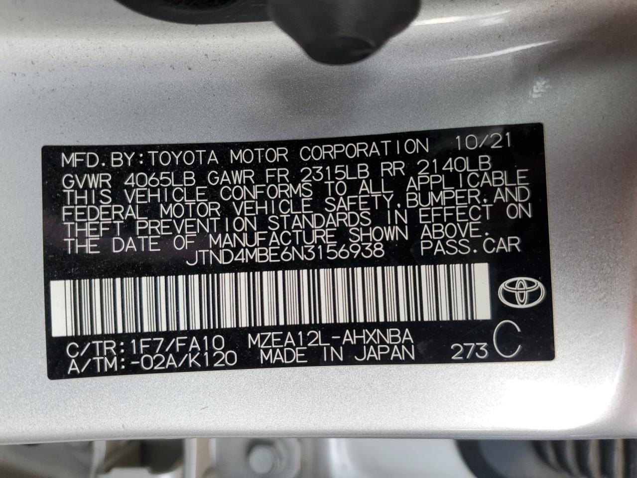 2022 TOYOTA COROLLA SE VIN:JTND4MBE6N3156938