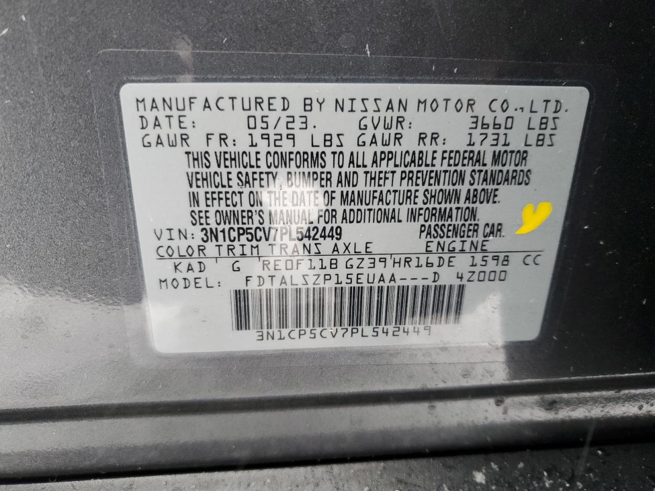 2023 NISSAN KICKS SV VIN:3N1CP5CV7PL542449