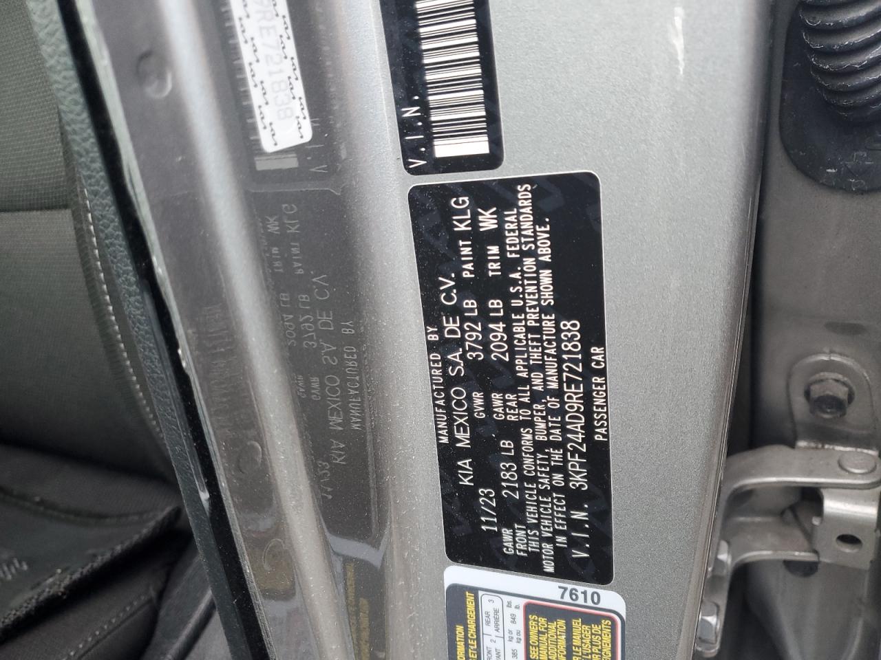 2024 KIA FORTE LX VIN:3KPF24AD9RE721838