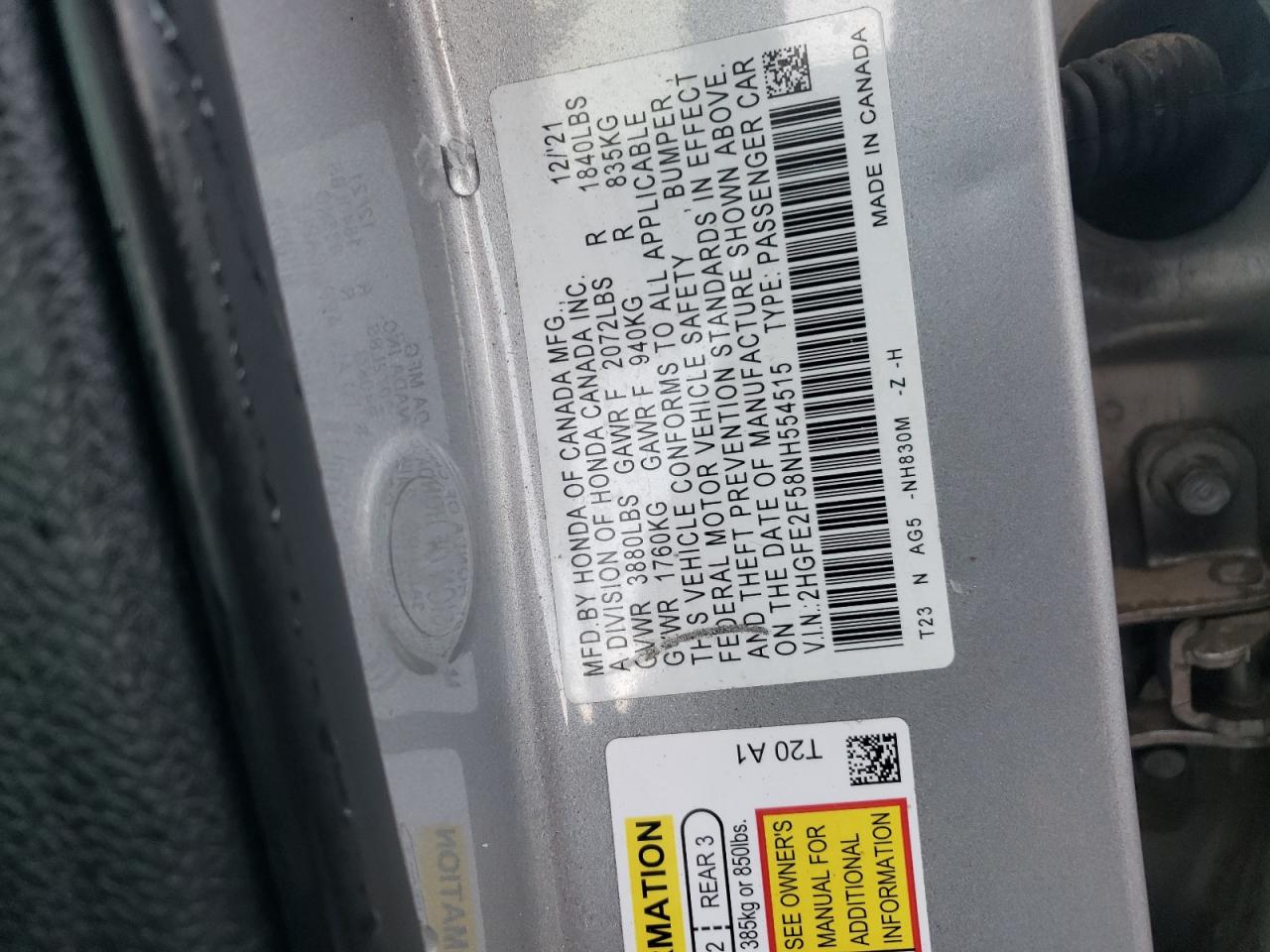 2022 HONDA CIVIC SPORT VIN:2HGFE2F58NH554515