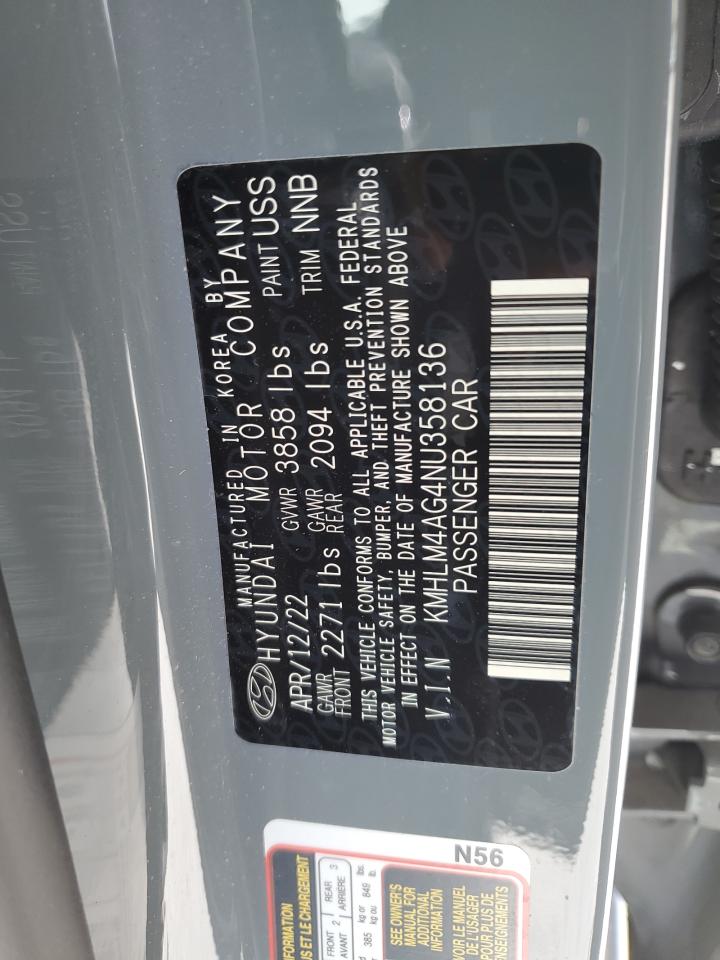 2022 HYUNDAI ELANTRA SEL VIN:KMHLM4AG4NU358136