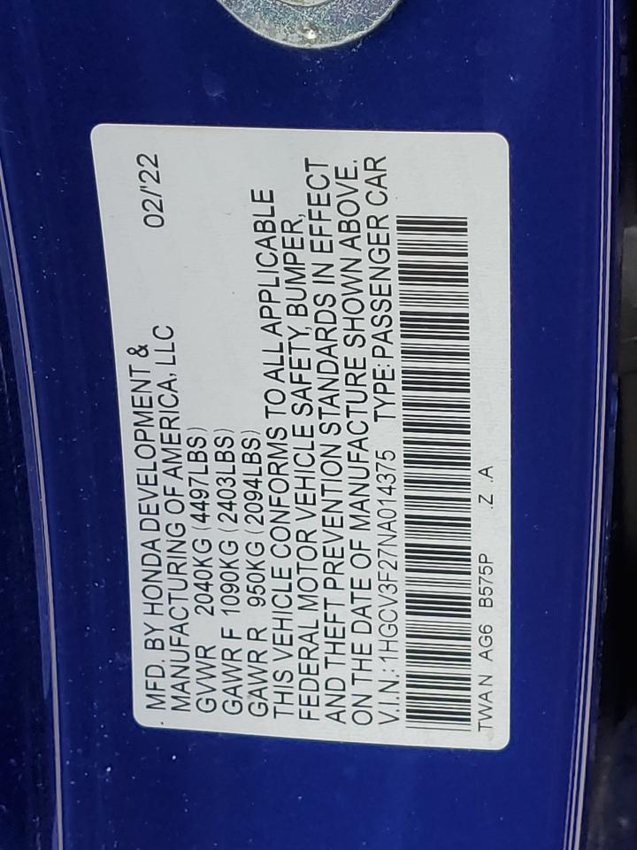 2022 HONDA ACCORD HYBRID SPORT VIN:1HGCV3F27NA014375