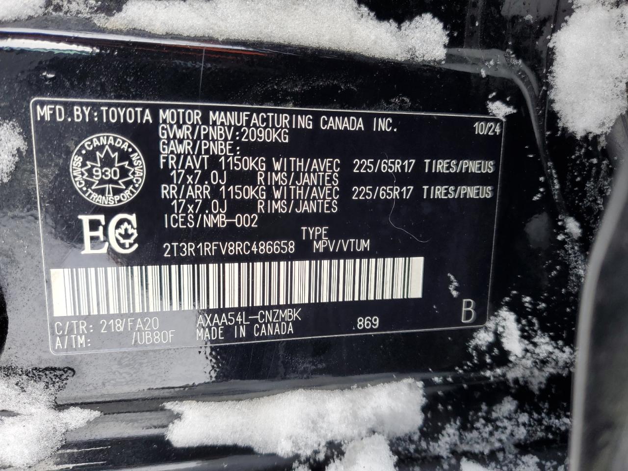 2024 TOYOTA RAV4 XLE VIN:2T3R1RFV8RC486658