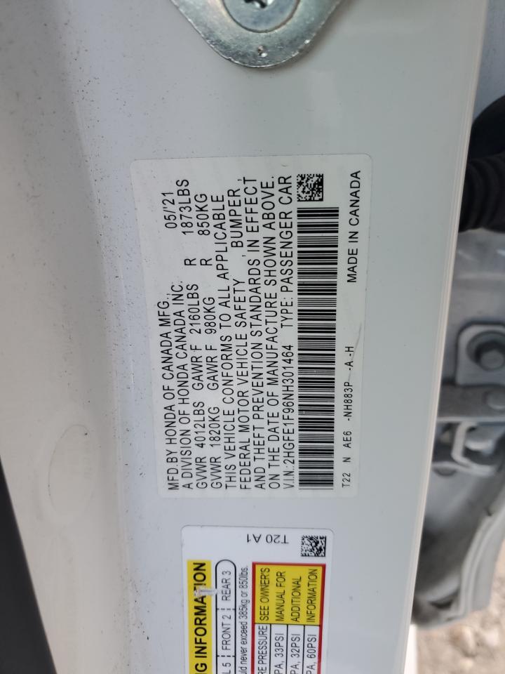 2022 HONDA CIVIC TOURING VIN:2HGFE1F96NH301464