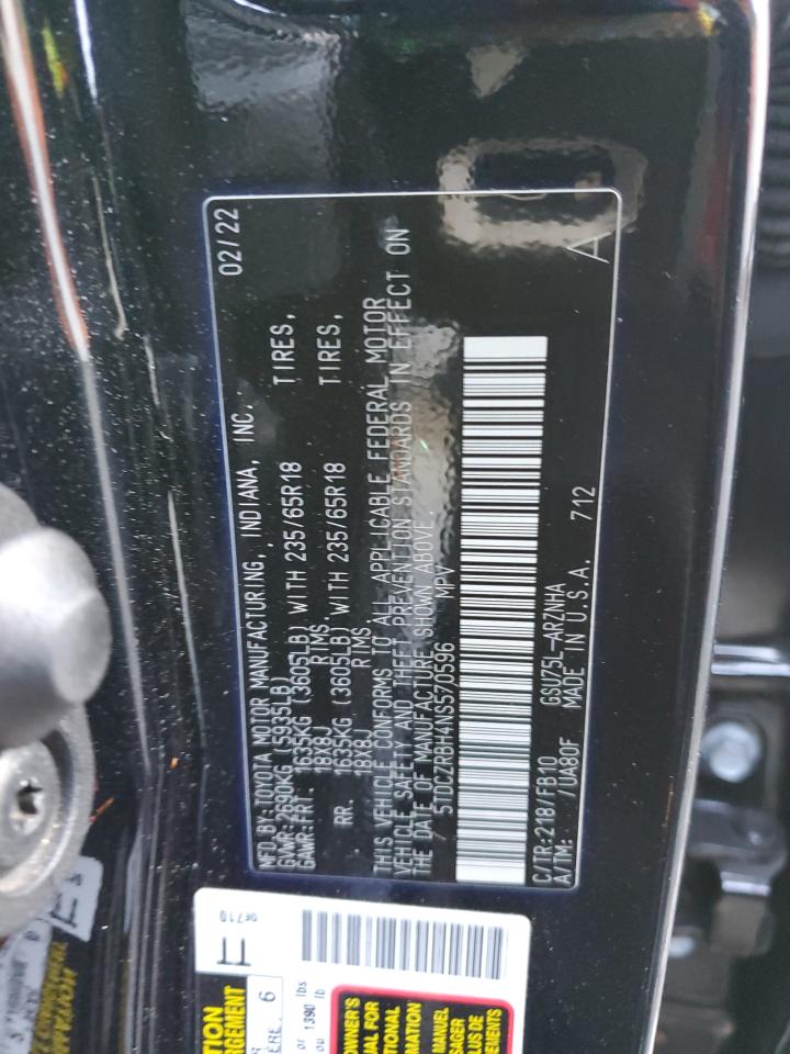 2022 TOYOTA HIGHLANDER L VIN:5TDCZRBH4NS570596