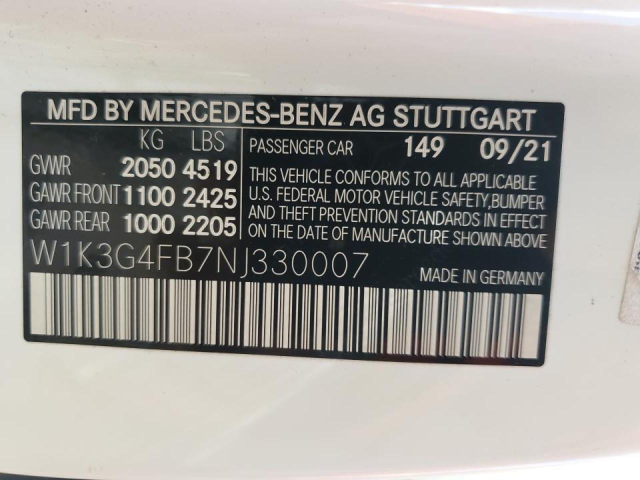 2022 MERCEDES-BENZ A 220 4MATIC VIN:W1K3G4FB7NJ330007