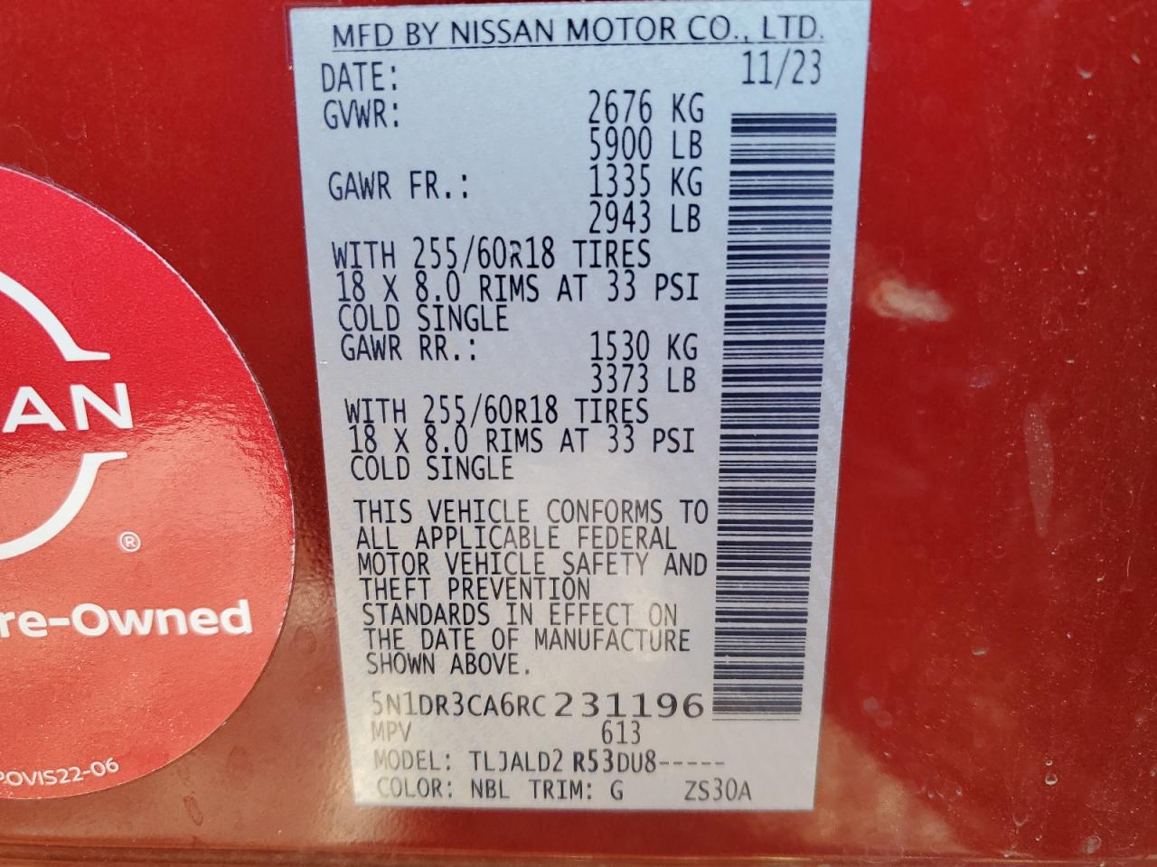 2024 NISSAN PATHFINDER SL VIN:5N1DR3CA6RC231196