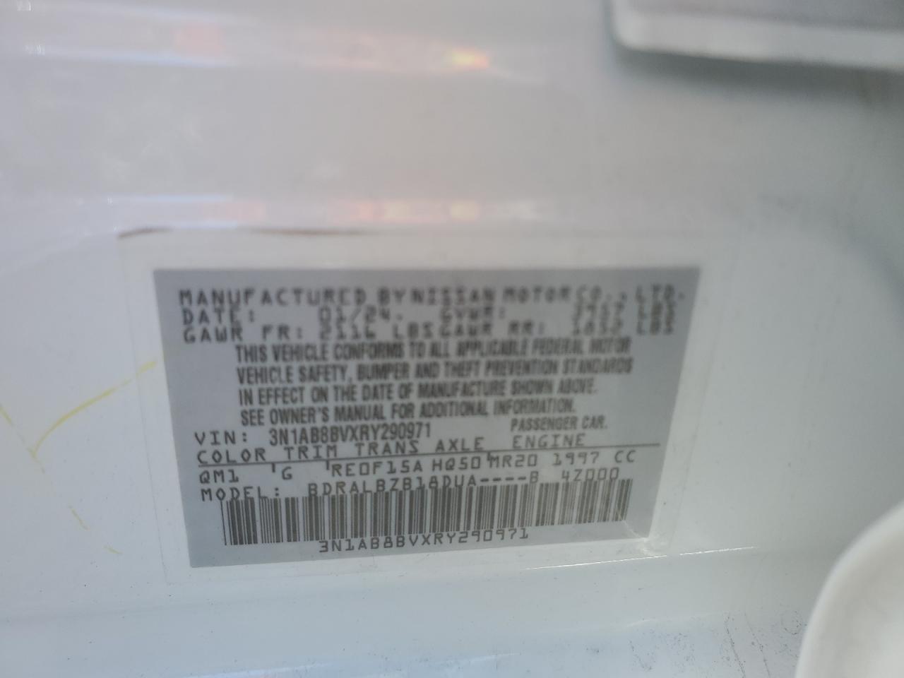 2024 NISSAN SENTRA S VIN:3N1AB8BVXRY290971