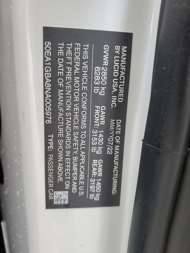 2022 LUCID MOTORS AIR GRAND TOURING VIN:50EA1GBA8NA005976