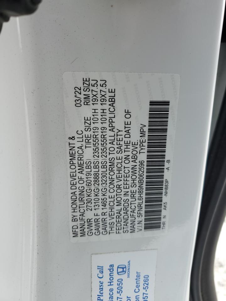 2022 HONDA ODYSSEY TOURING VIN:5FNRL6H89NB062596