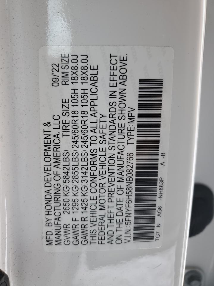 2022 HONDA PILOT EXL VIN:5FNYF6H58NB082766