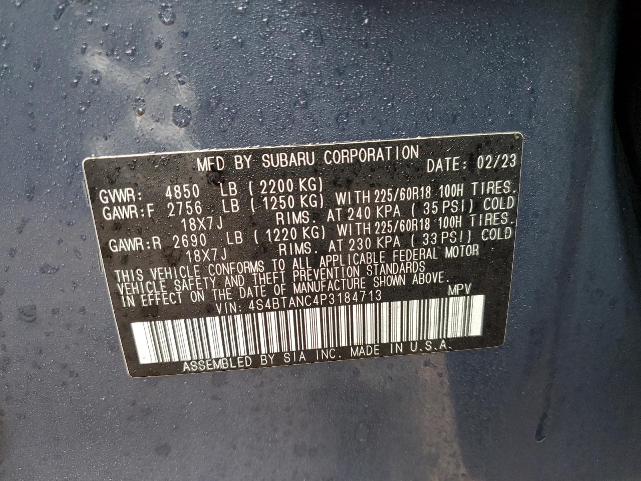 2023 SUBARU OUTBACK LIMITED VIN:4S4BTANC4P3184713