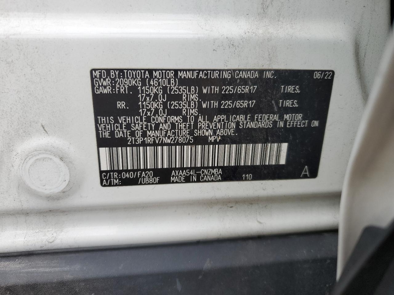 2022 TOYOTA RAV4 XLE VIN:2T3P1RFV7NW278075