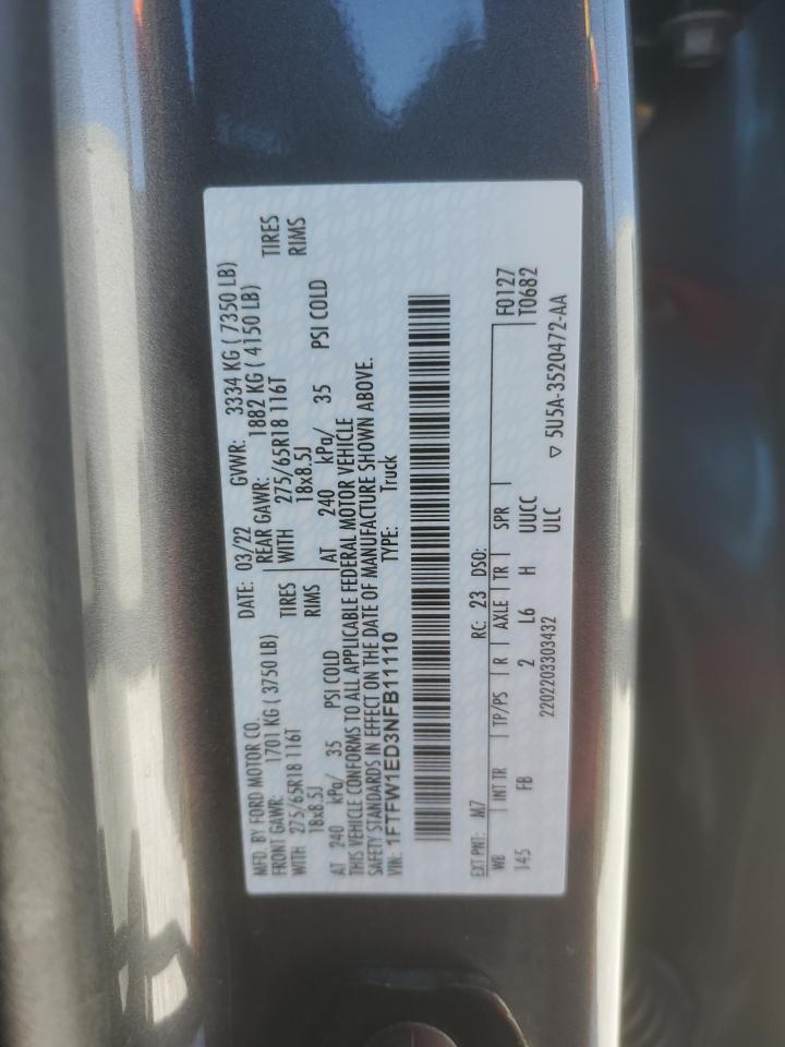 2022 FORD F150 SUPERCREW VIN:1FTFW1ED3NFB11110