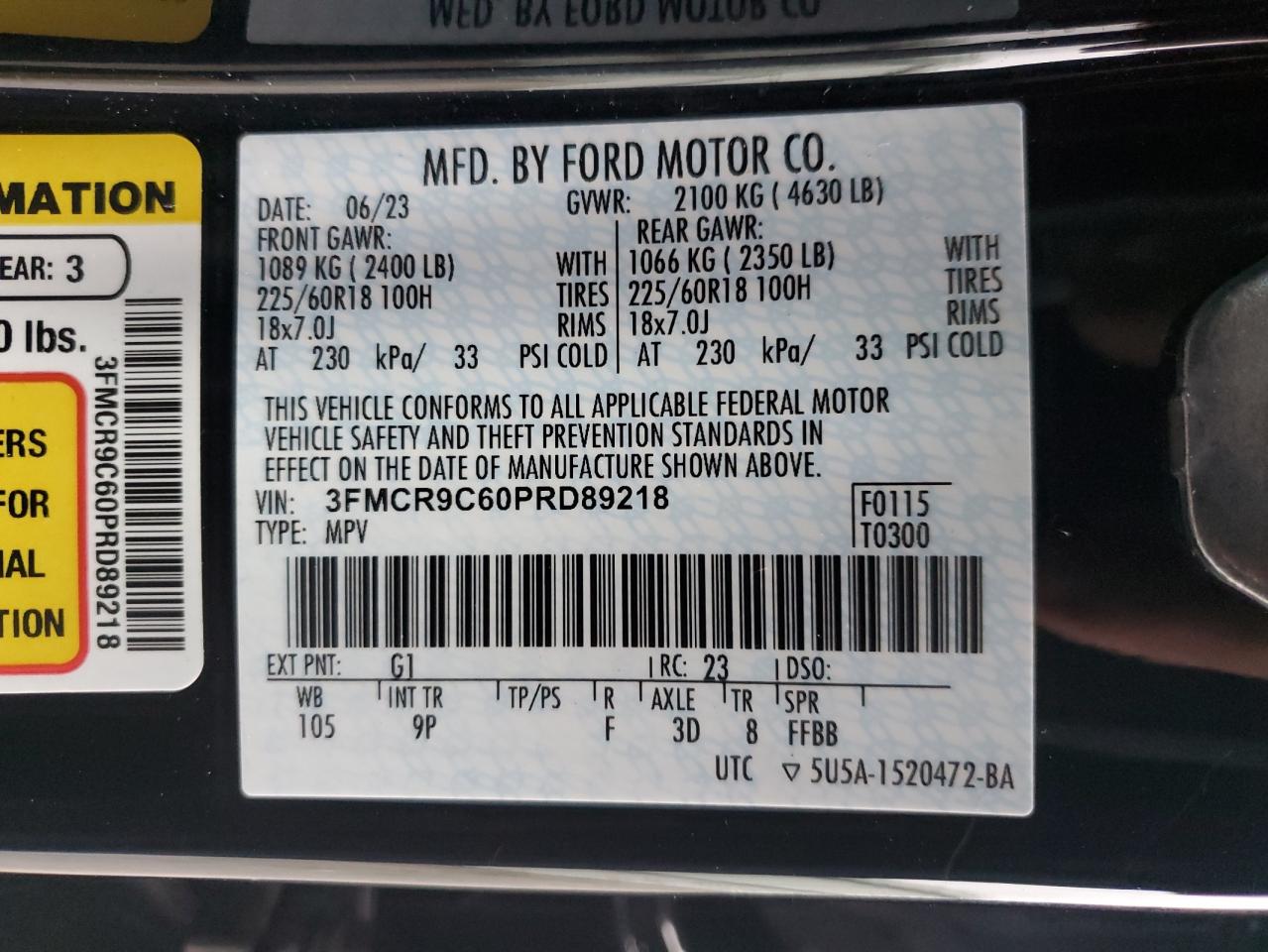 2023 FORD BRONCO SPORT OUTER BANKS VIN:5TDBK22C79S026370