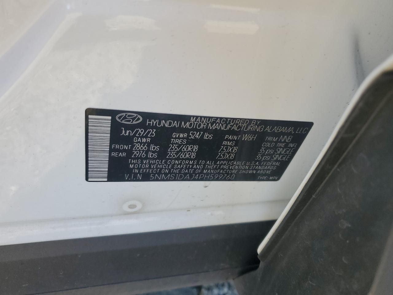 2023 HYUNDAI SANTA FE SE VIN:5NMS1DAJ4PH599760