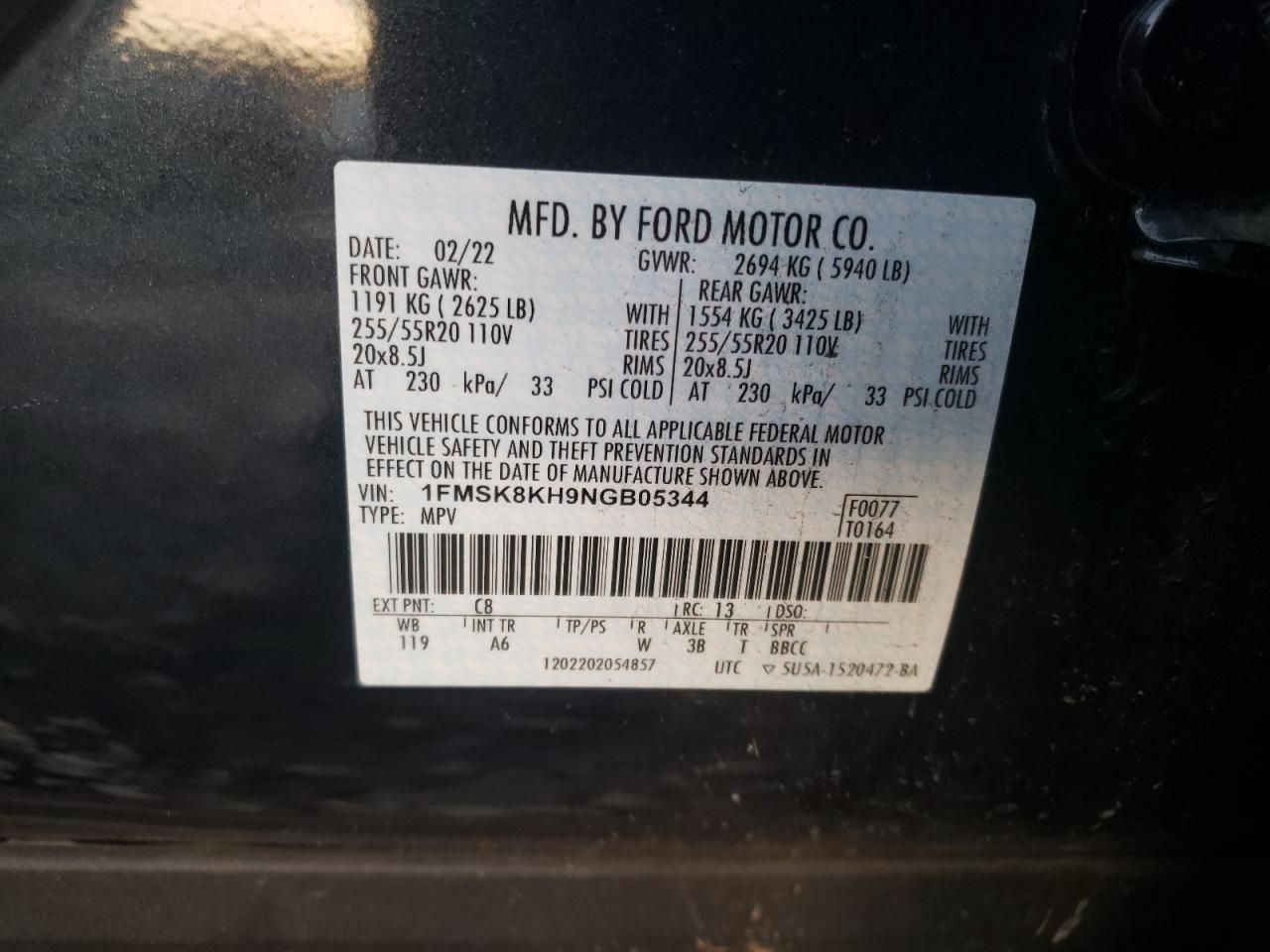 2022 FORD EXPLORER ST-LINE VIN:1FMSK8KH9NGB05344