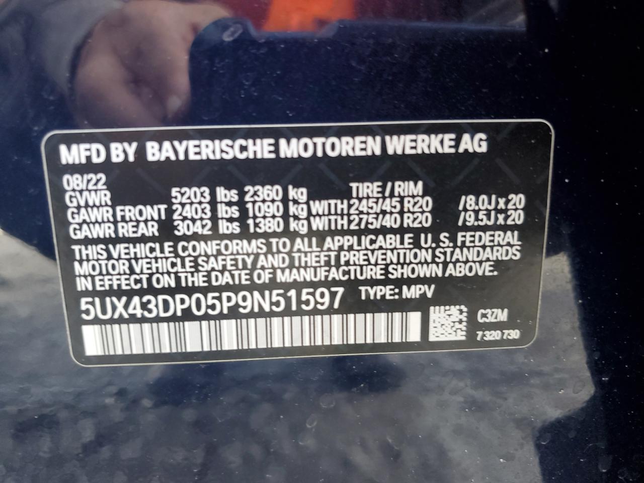 2023 BMW X3 SDRIVE30I VIN:5UX43DP05P9N51597