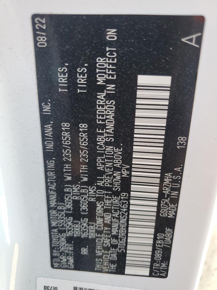 2022 TOYOTA HIGHLANDER XLE VIN:5TDGZRBH0NS246319