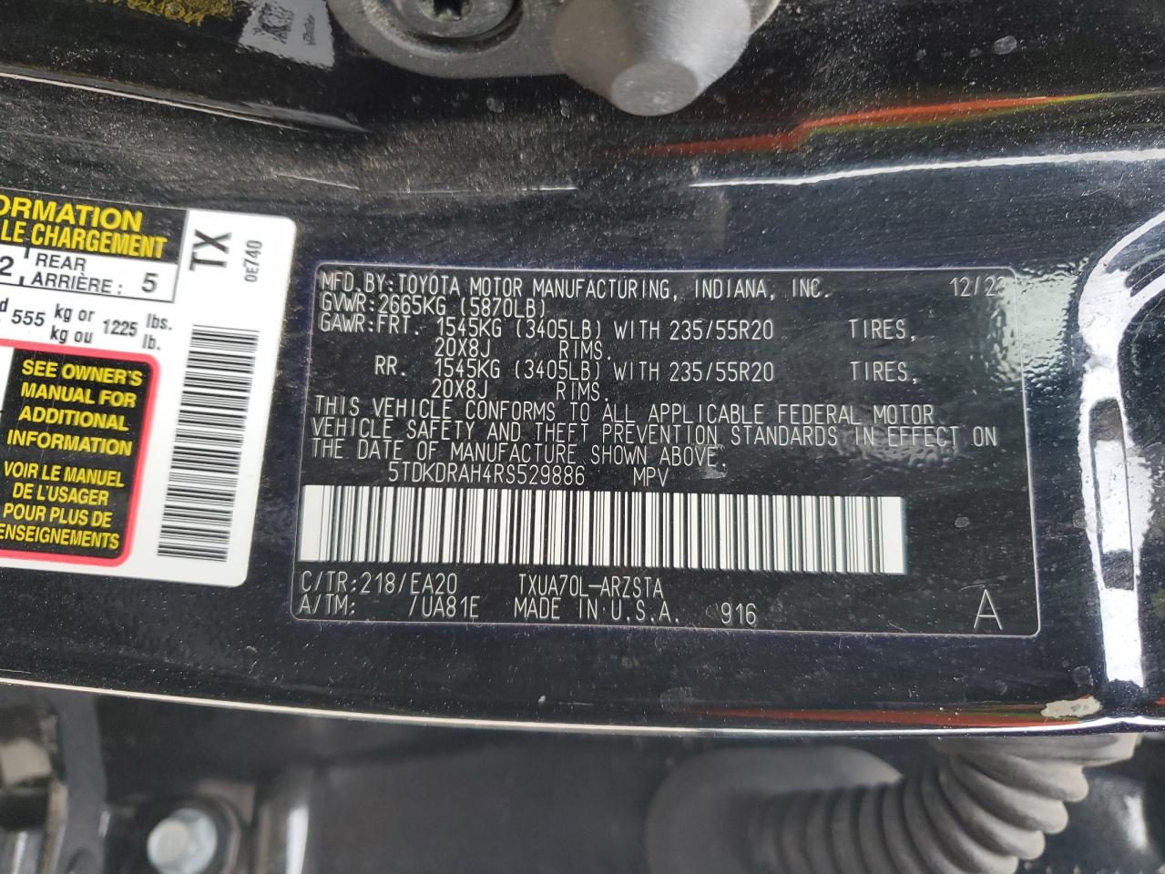 2024 TOYOTA HIGHLANDER LE VIN:5TDKDRAH4RS529886