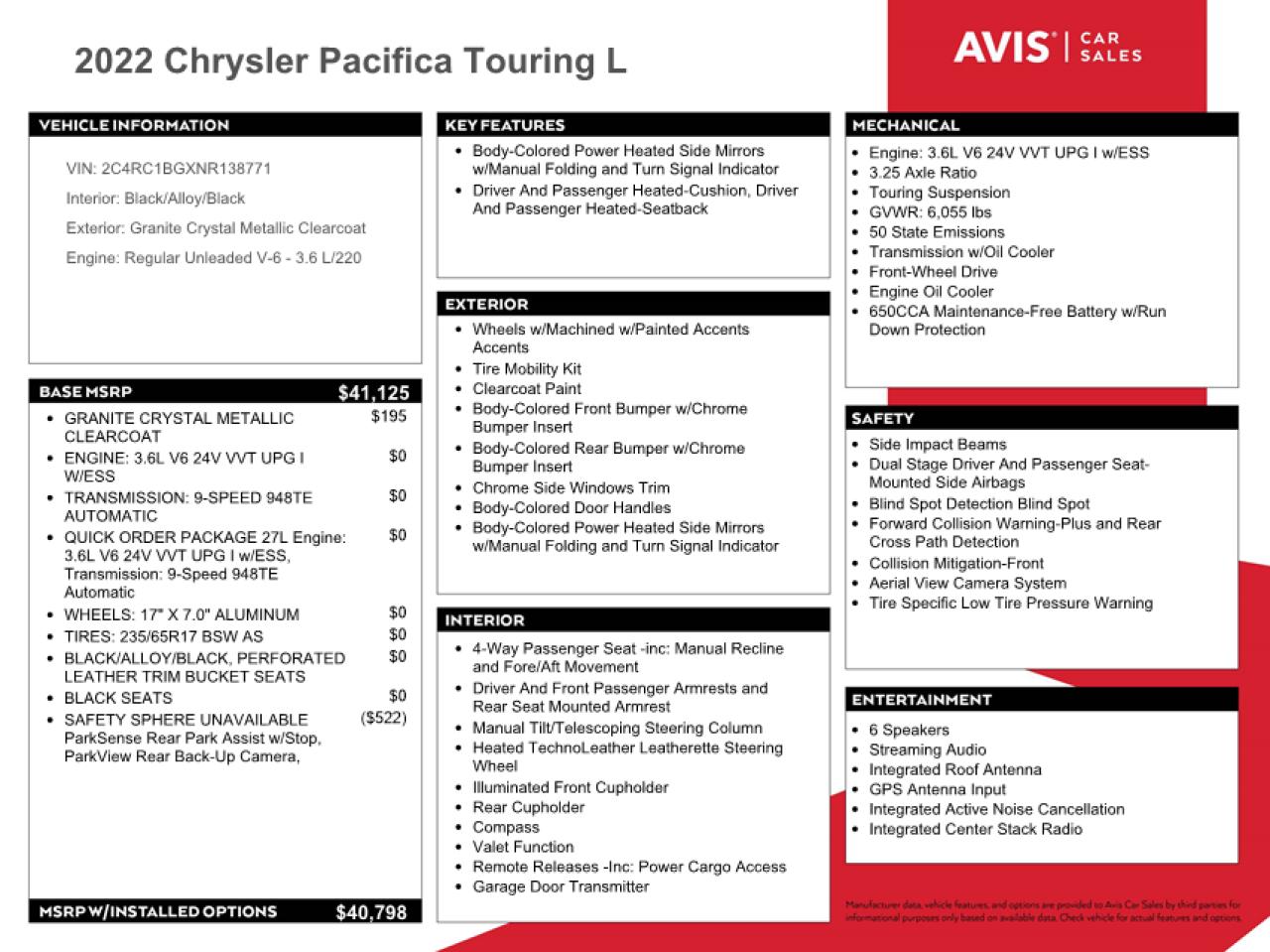 2022 CHRYSLER PACIFICA TOURING L VIN:2C4RC1BGXNR138771