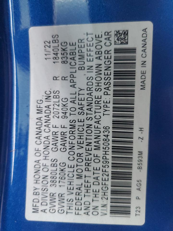 2023 HONDA CIVIC SPORT VIN:2HGFE2F59PH508436