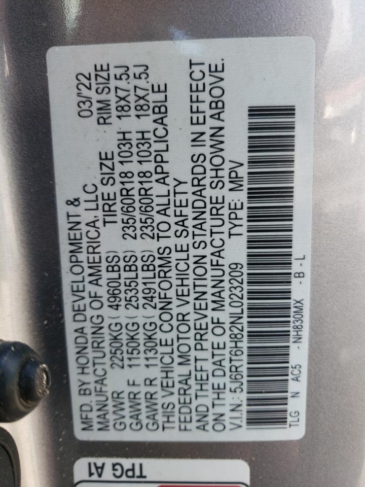 2022 HONDA CR-V EXL VIN:5J6RT6H82NL023209