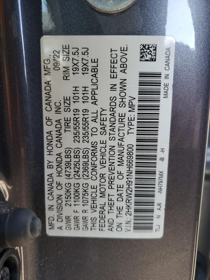 2022 HONDA CR-V TOURING VIN:2HKRW2H91NH669800