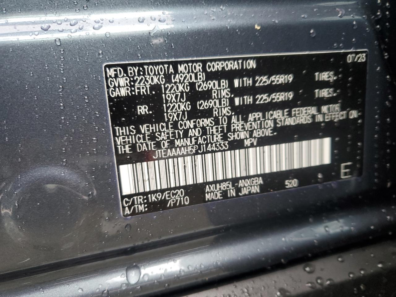 2023 TOYOTA VENZA LE VIN:JTEAAAAH5PJ144333