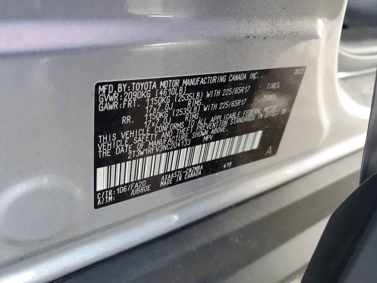 2022 TOYOTA RAV4 XLE VIN:2T3W1RFV3NC204133