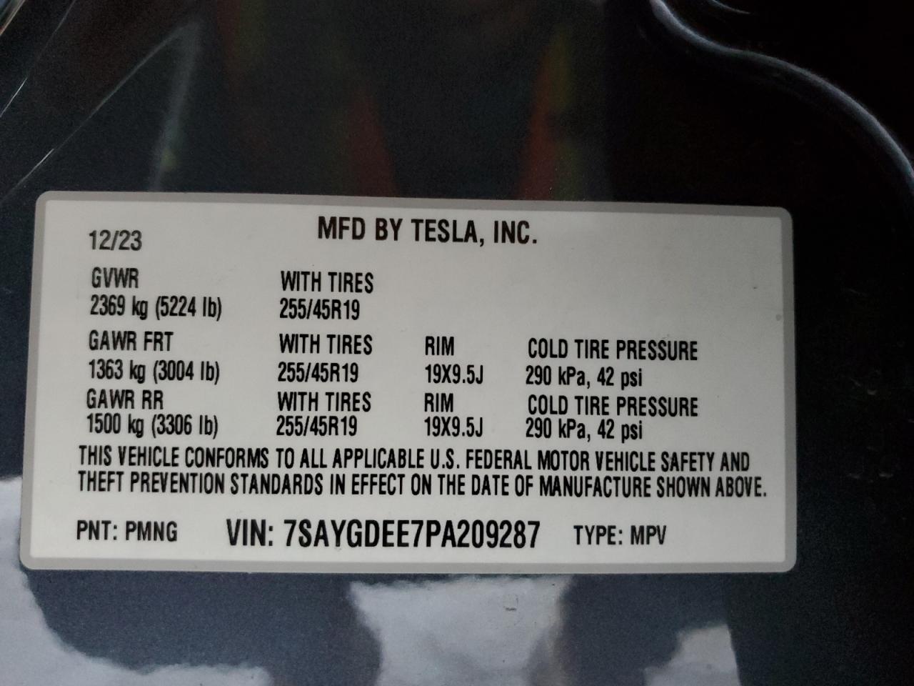 2023 TESLA MODEL Y  VIN:7SAYGDEE7PA209287