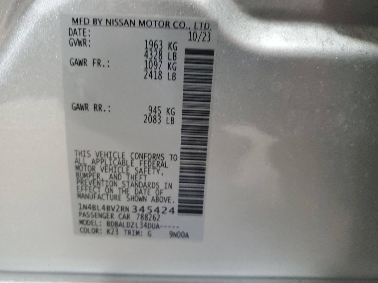 2024 NISSAN ALTIMA S VIN:1N4BL4BV2RN345424