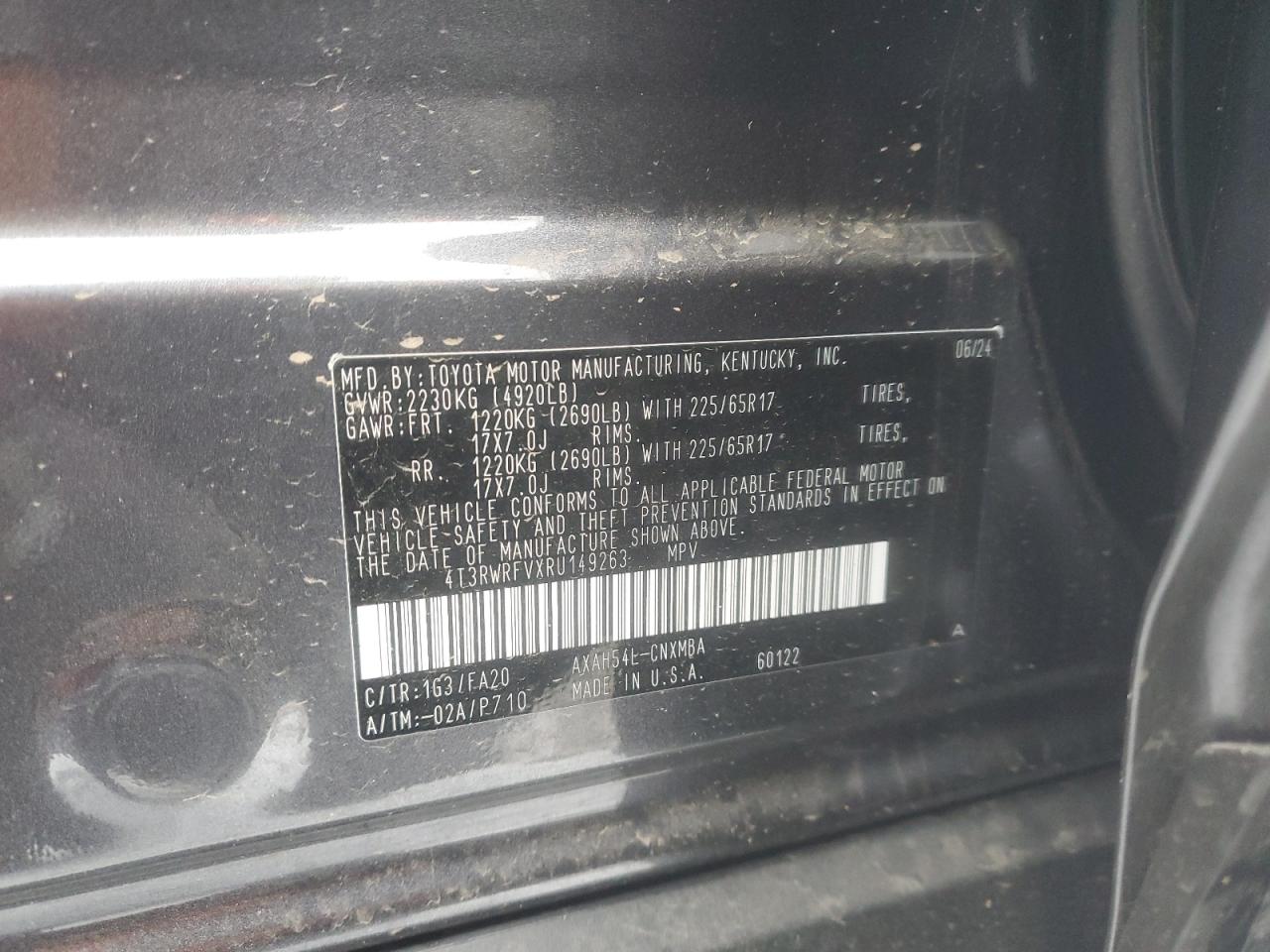 2024 TOYOTA RAV4 XLE VIN:4T3RWRFVXRU149263