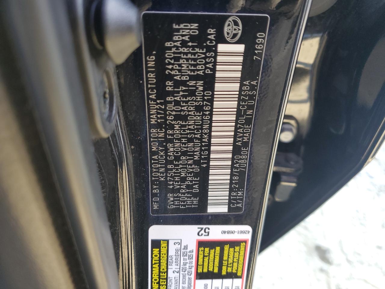 2022 TOYOTA CAMRY SE VIN:4T1G11AK8NU646710