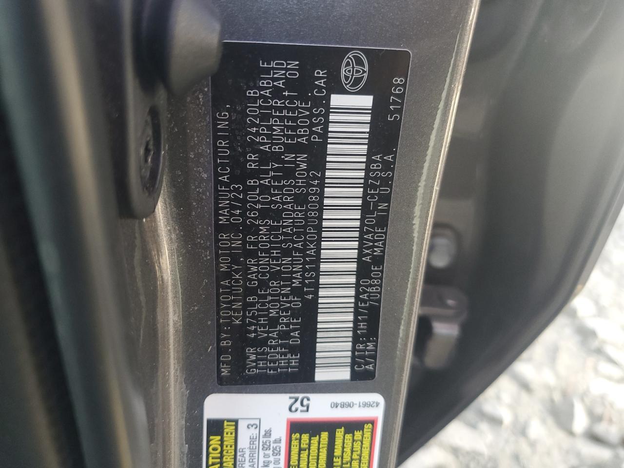 2023 TOYOTA CAMRY SE NIGHT SHADE VIN:4T1S11AK0PU808942